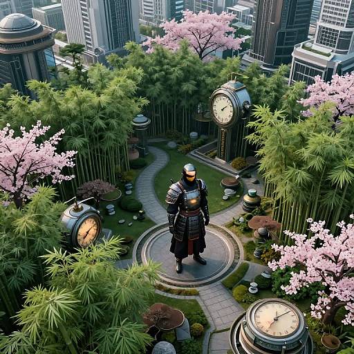 Aerial photograph of a futuristic soldier standing in a lush, cherry blossom-filled urban park with four clock towers, surrounded by skyscrapers.