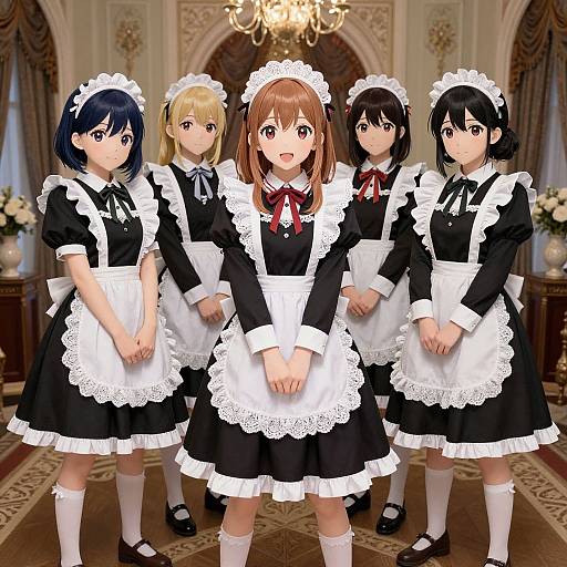 Digital anime-style image of five young women in black and white maid outfits, standing in an elegant room with a chandelier.