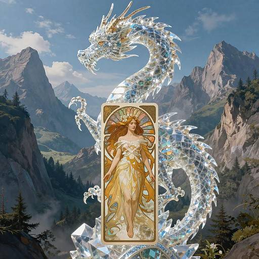 Digital art: A glowing, golden-robed woman with flowing hair stands in a medieval-style frame, surrounded by a shimmering, ethereal dragon against