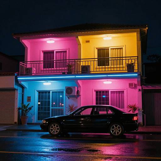 Neon-Lit Cyberpunk Building at Night