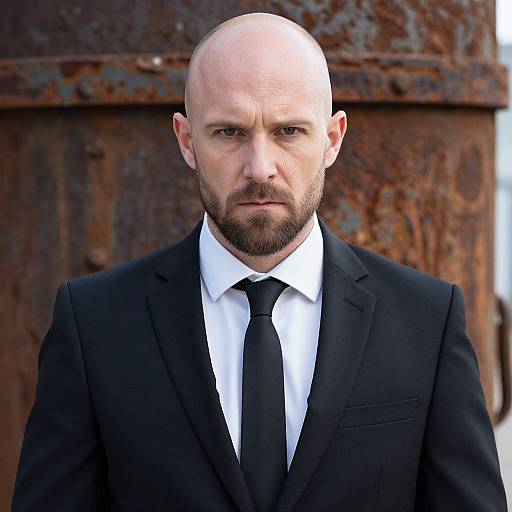 Photograph of a bald, bearded man in a black suit and tie, standing against a rusty, industrial background. Serious expression.