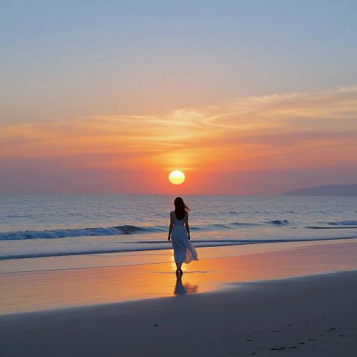 Photograph of a woman in a white dress walking on a beach at sunset, with the sun reflecting on the wet sand.