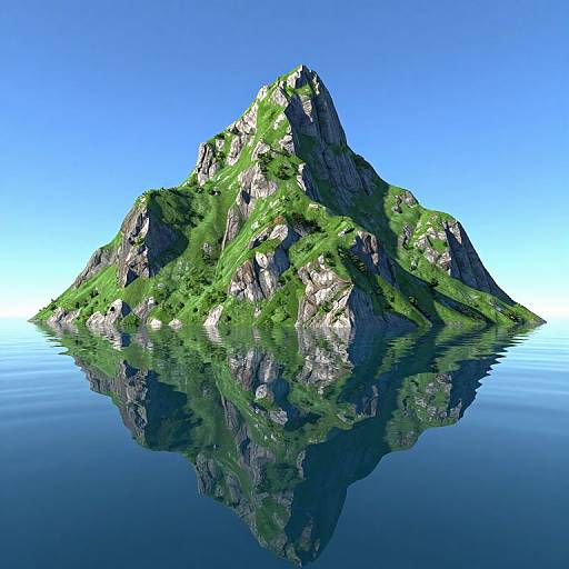 Photorealistic CGI of a green, rocky island with lush vegetation, perfectly mirrored in calm, reflective blue water under a clear sky.