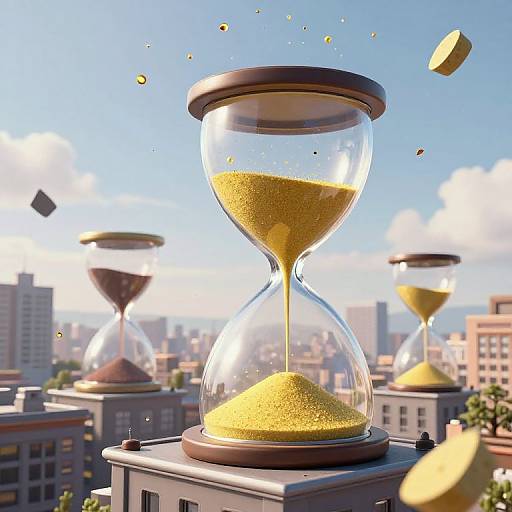 Photorealistic CGI of three hourglasses on rooftops, with yellow sand flowing, set against a sunny cityscape with scattered clouds.
