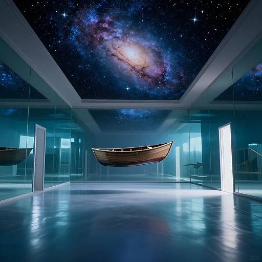 Photorealistic digital artwork: floating wooden boat in modern, glass-walled room with starry galaxy ceiling, illuminated by bright doorway.