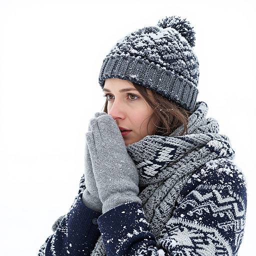 Photograph of a young woman with fair skin, brown eyes, and brown hair, wearing a snow-covered gray knit hat, matching gloves, and a