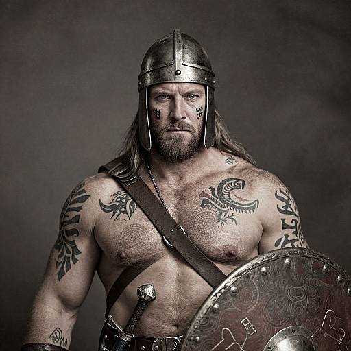 Photograph of a muscular, bearded Viking warrior with tattoos, wearing a metal helmet, leather strap, and holding an ornate shield, against a
