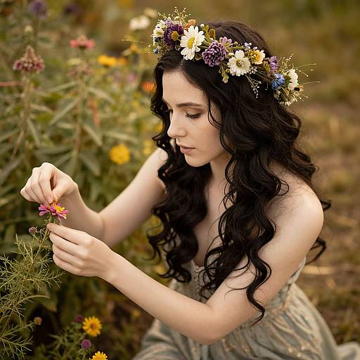 Photograph of a fair-skinned woman with long, wavy black hair, wearing a floral crown, in a garden, gently holding a small pink