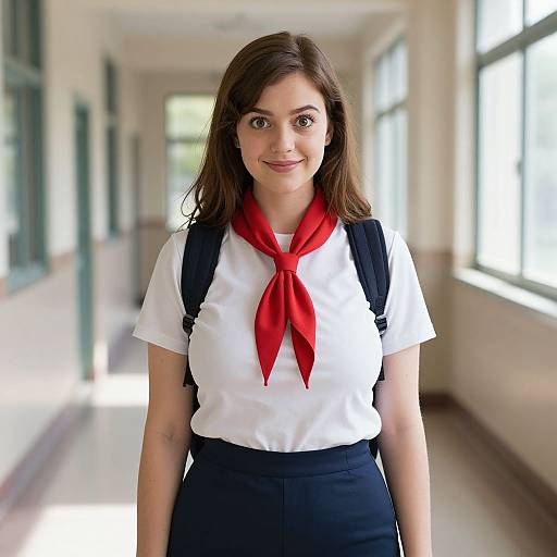 Photograph of a young woman with fair skin, brown hair, and blue eyes, wearing a white shirt, red neckerchief, and black skirt