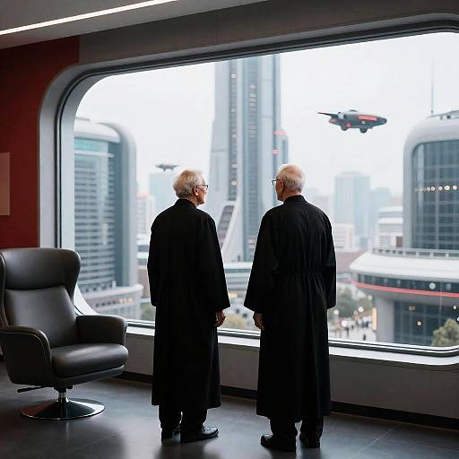 Elderly Scholars Observing Futuristic Cityscape