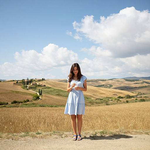 Photograph of a young woman with long brown hair in a light blue dress standing on a dirt path in a golden wheat field under a bright blue sky