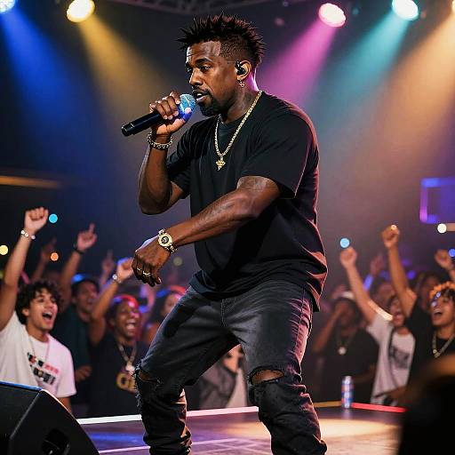 Photograph of a Black male rapper with spiky hair, wearing a black t-shirt and jeans, passionately singing into a microphone on stage, with colorful