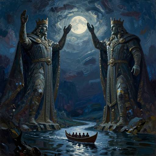 Digital painting: Two towering, crowned, stone statues with raised hands under a full moon, a small boat with figures on a reflective river below. Dark