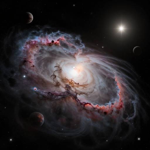 Digital artwork of a luminous spiral galaxy with swirling clouds of red, blue, and white gas, surrounded by four planets and a bright star in a