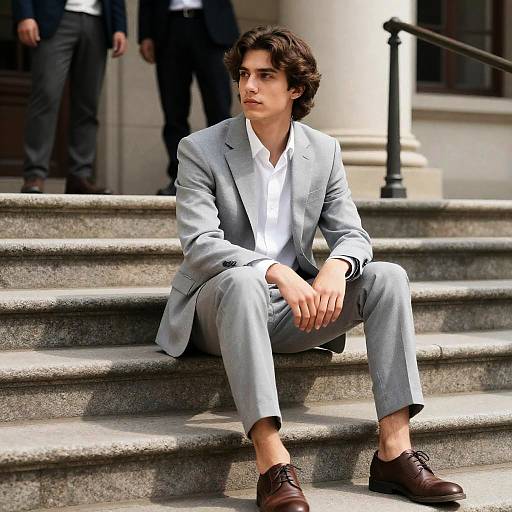 Young Man in Gray Suit on Steps