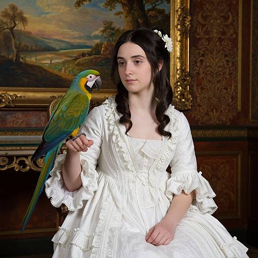 Photograph of a pale-skinned woman with dark hair in a white, ruffled dress, holding a colorful parrot in an ornate, antique