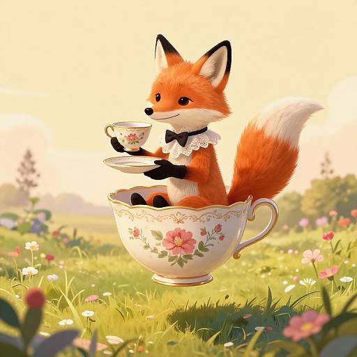 Cute digital illustration of an orange fox with white-tipped tail and black paws, dressed in a bow tie and lace, sitting in a floral