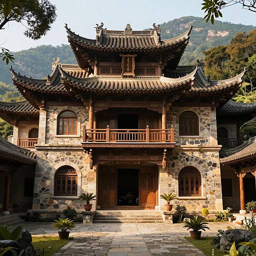 Photograph of a traditional East Asian-style stone mansion with multi-tiered, curved roof, wooden balconies, and arched windows, set against a