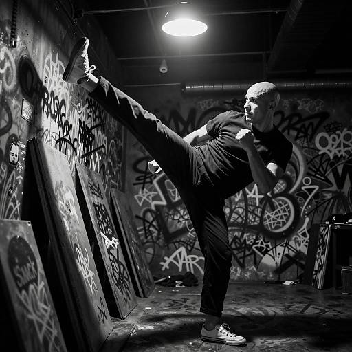 High Kick in a Graffiti-Laden Room