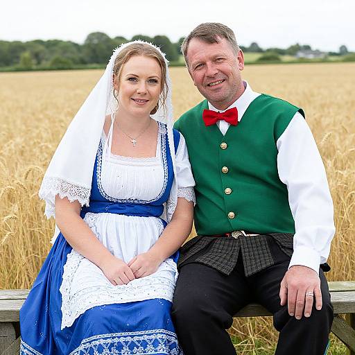 Photograph of a smiling white couple in traditional German attire; bride in blue dress and white lace veil, groom in green vest, red bow tie,
