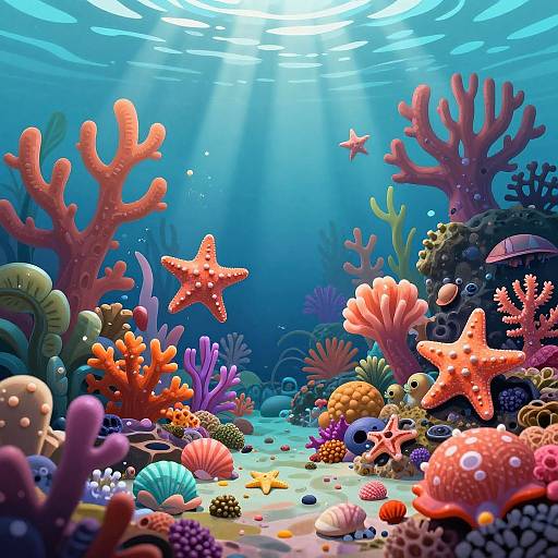 Vibrant underwater coral reef scene with colorful corals, starfish, and sea shells, illuminated by sunlight filtering through the blue water. Digital illustration