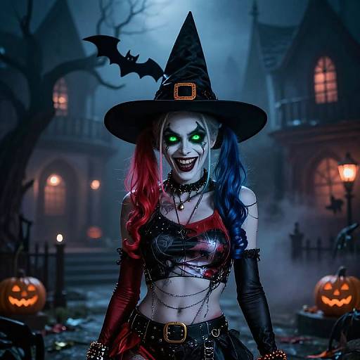 Digital artwork of a green-eyed, white-faced, dual-colored-haired witch in a black hat, red leather top, and chains, smiling in a spooky