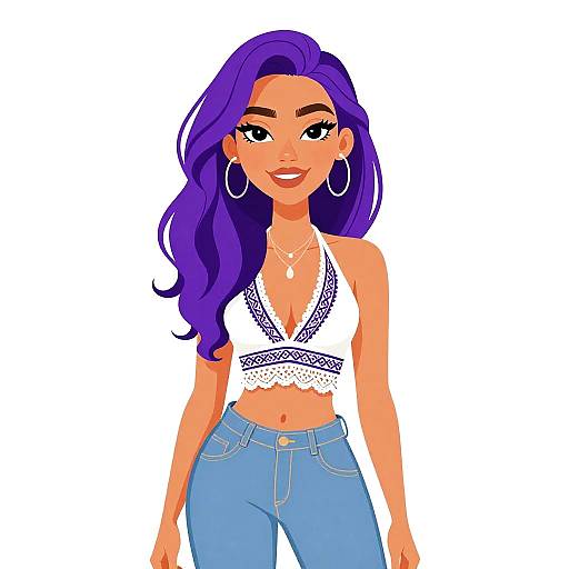Digital illustration of a smiling woman with long purple hair, wearing a white lace halter top and blue jeans, large hoop earrings.