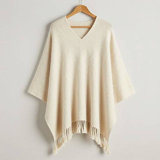Photograph of a cream-colored, V-neck, fringed woolen shawl hanging on a wooden hanger against a plain white background.