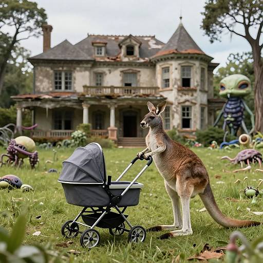 Photograph of a kangaroo pushing a baby stroller in a grassy yard with a large, old, dilapidated mansion and whimsical,