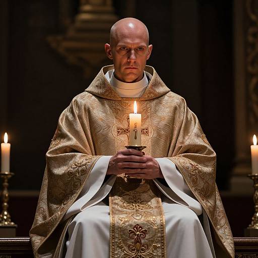 Photograph of a bald, serious-looking male priest in ornate gold and white vestments, holding a candle with two others lit in the background.