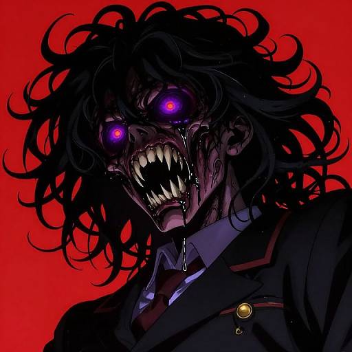 Digital anime-style drawing of a terrifying, black-haired monster with glowing purple eyes, sharp teeth, and dripping saliva, set against a vibrant red background.