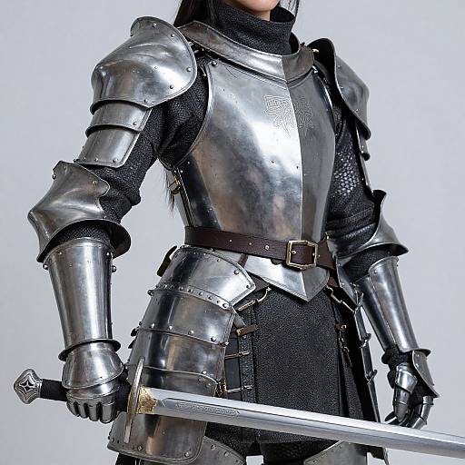 Photograph of a medieval knight in shiny silver armor, holding a sword, black mesh undershirt, brown belt, white background.