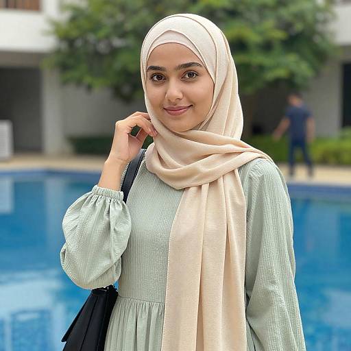 Young Woman Wearing Hijab by Pool