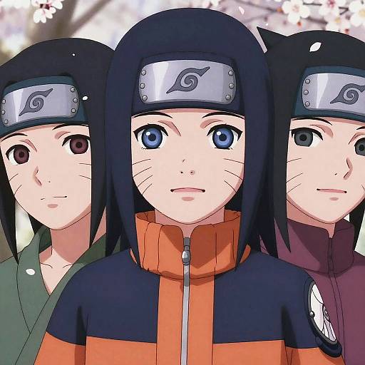 Digital anime-style drawing of three Naruto characters with black hair, headbands, and distinct eye colors (blue, brown, brown), wearing orange and green