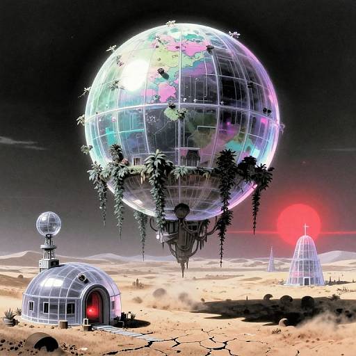 Digital art: A glowing, planet-like sphere with plants, surrounded by desert, two smaller domes, and a red sun in the background.