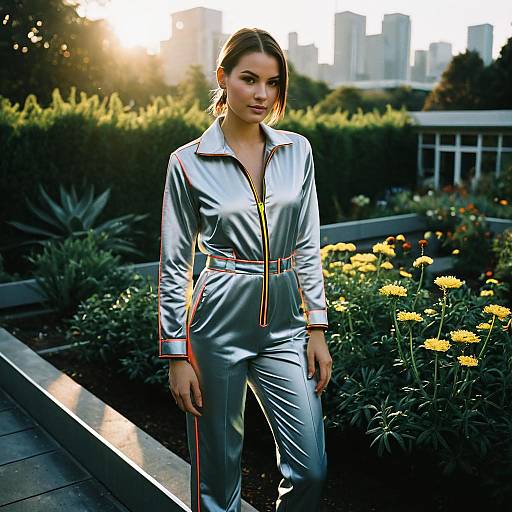 Woman in Silver Jumpsuit in Rooftop Garden