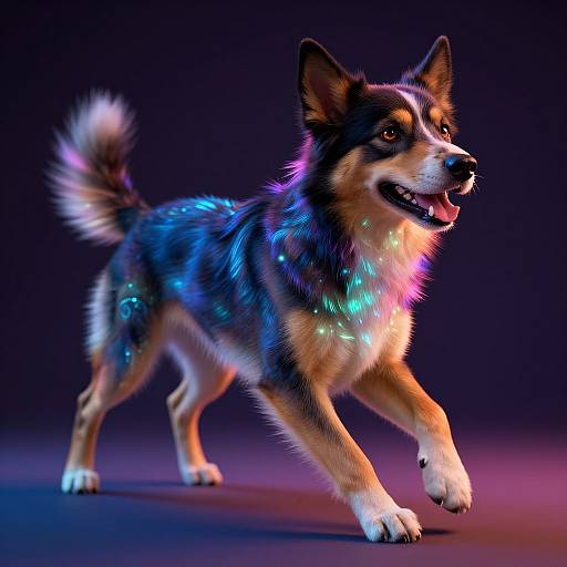 Digital CGI of a glowing, neon-colored, energetic Siberian Husky with multicolored fur, illuminated blue and pink accents, and a happy expression