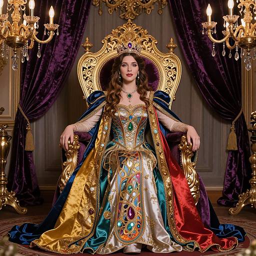 Photograph of a regal woman with long brown hair, wearing an ornate golden and colorful embroidered dress, sitting on an elaborate gold throne, surrounded