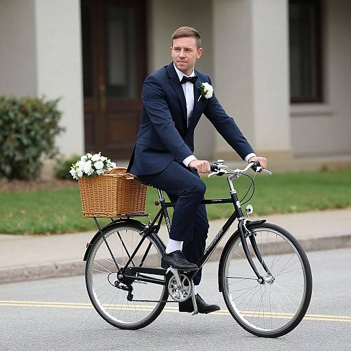 Photograph: Groom in black tuxedo with white rose boutonniere, black shoes, riding bicycle with wicker basket of white flowers