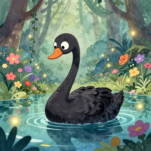 Whimsical digital illustration of a black swan with wide eyes, orange beak, floating in a serene forest pond, surrounded by colorful flowers and