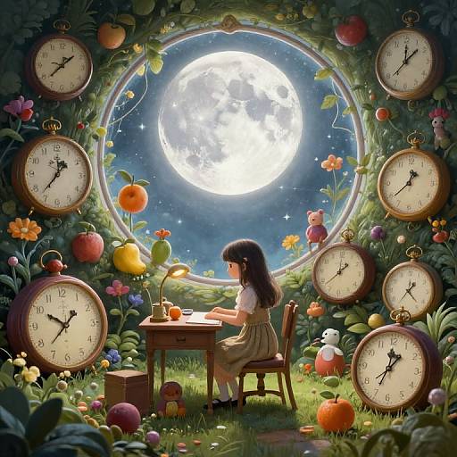 Digitally illustrated scene of a girl with dark hair writing at a wooden table, surrounded by clock faces, fruits, and flowers, with a glowing full