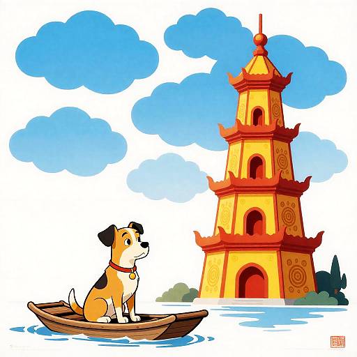 Cartoon Dog on Raft with Ornate Tower