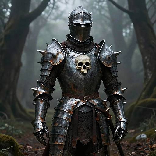 Photograph of a medieval knight in dark, rusted steel armor with spiked shoulder plates and a skull on the chest, standing in a misty forest