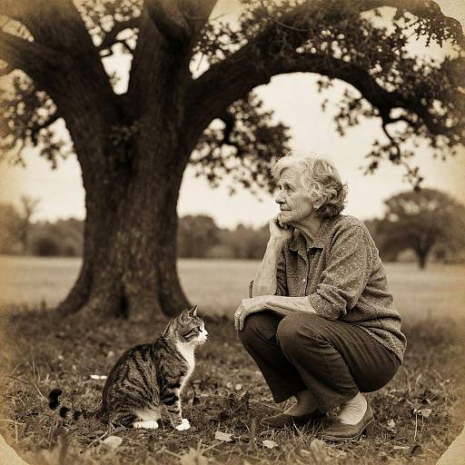 Elderly Woman with Tabby Cat at Oak
