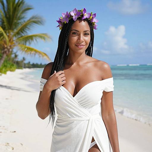 Photograph of a smiling Black woman with long braids, wearing a white off-shoulder dress and purple flower crown, standing on a sunny tropical