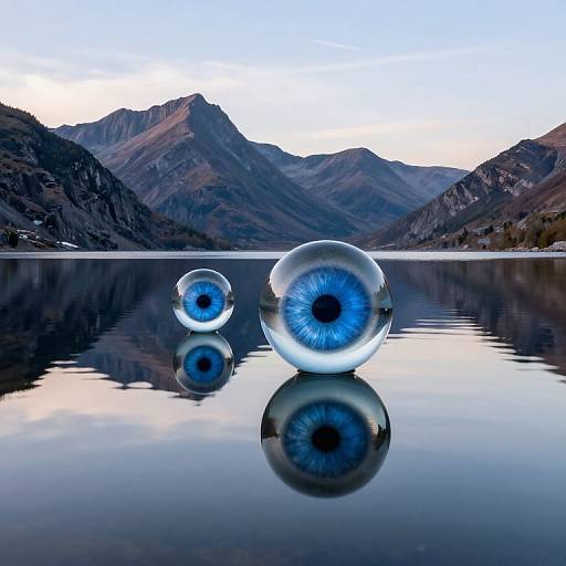 Photograph of two vivid blue glass eyes floating on a reflective lake, with mountainous landscape in the background.