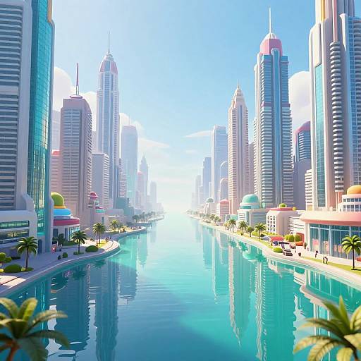 Digital CGI of a vibrant, sunny cityscape with a wide, reflective blue canal flanked by tall, modern skyscrapers and palm trees.