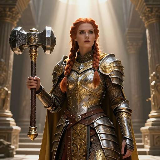 Digital artwork of a red-haired warrior woman in ornate golden armor, holding a large, intricately designed hammer, standing in a sunlit, grand
