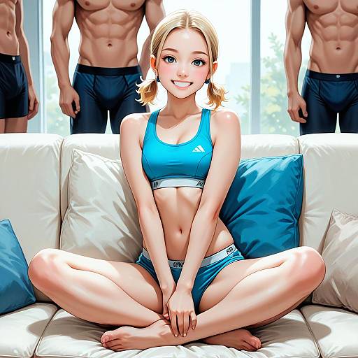 Digital anime-style drawing of a smiling blonde woman in blue sports bra and shorts, sitting cross-legged on a white couch, with two muscular men in black