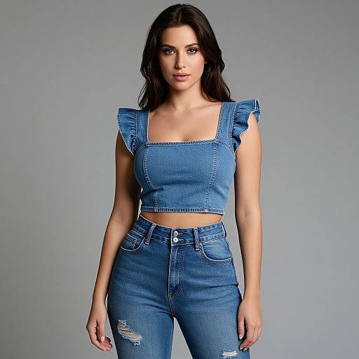 Photograph of a young woman with long dark hair, wearing a blue denim crop top with ruffled shoulders and matching high-waisted jeans, standing